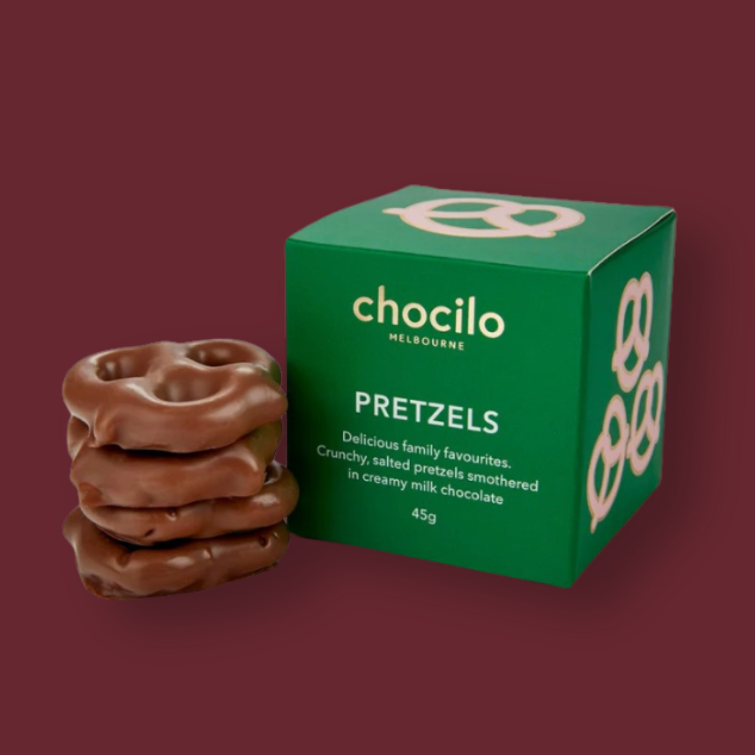 Chocilo Melbourne milk chocolate-covered pretzels handcrafted, crunchy and sweet, the perfect gourmet treat from an Australian chocolatier.